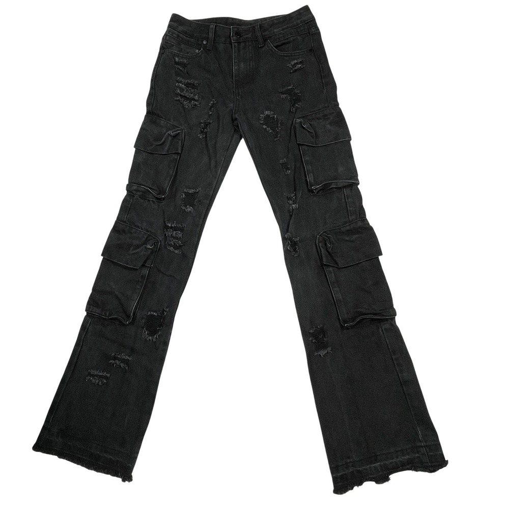 🔥 Rockstar Original Boys Sz 14 Black Distressed Cargo Jeans Raw Hem -Streetwear